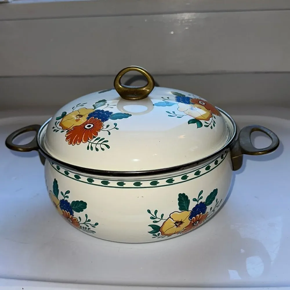 Vintage enamelware floral painted cooking pot with brass handles